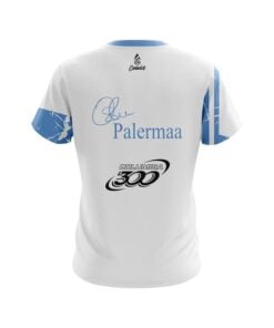 Alternative view of Osku Palermaa Columbia 300 White Blue Suomi Finland Replica CoolWick Bowling Jersey