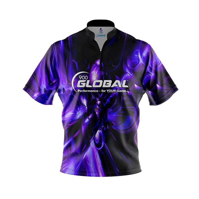 900 Global Liquid Plasma Purple White Logo Quick Ship CoolWick Sash Zip Bowling Jersey