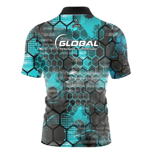 900 Global Teal Honeycomb Quick Ship CoolWick Sash Zip Bowling Jersey - Image 2