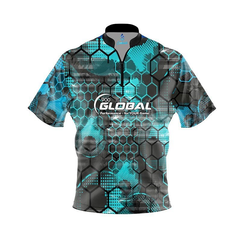 900 Global Teal Honeycomb Quick Ship CoolWick Sash Zip Bowling Jersey