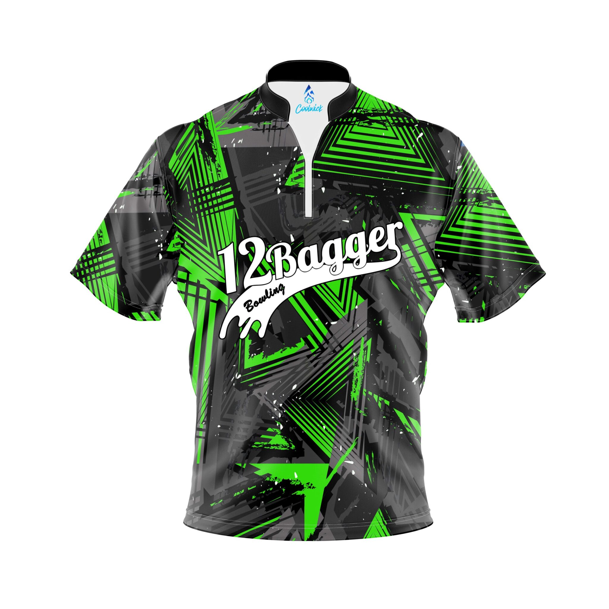 12Bagger Green Triangles Quick Ship CoolWick Sash Zip Bowling Jersey