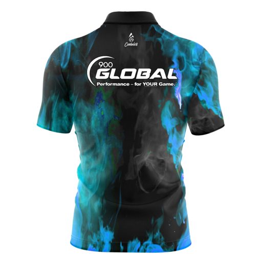 900 Global Blue Flame Quick Ship CoolWick Sash Zip Bowling Jersey - Image 2