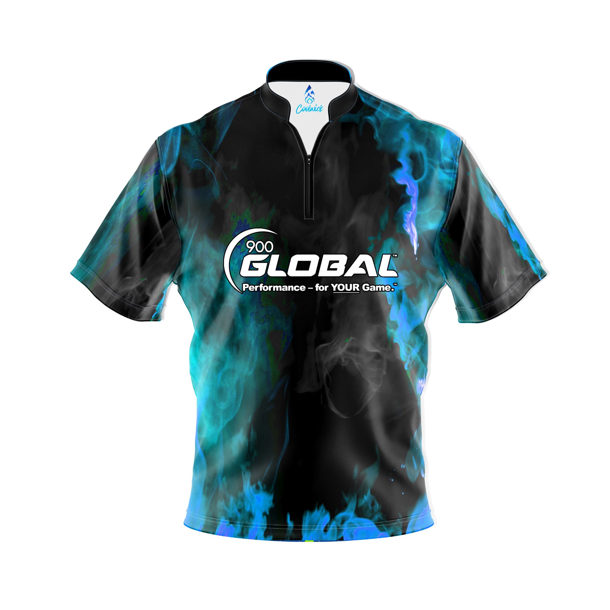 900 Global Blue Flame Quick Ship CoolWick Sash Zip Bowling Jersey