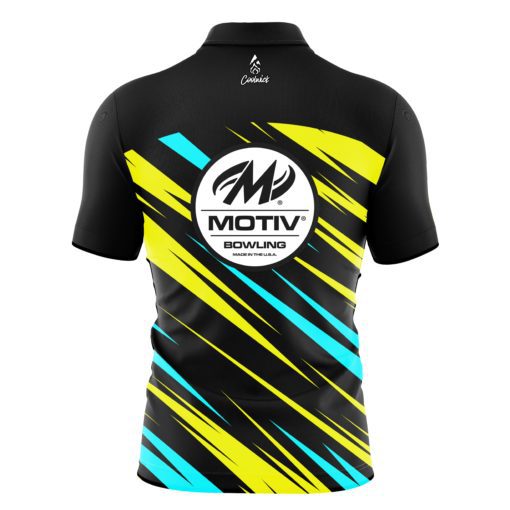 Motiv Yellow Blue Drive Quick Ship CoolWick Sash Zip Bowling Jersey - Image 2