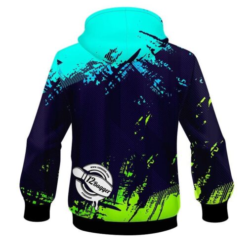 12Bagger Bowling Strikers Jagged Blue and Green CoolWick Dye-Sub Hoodie - Image 2