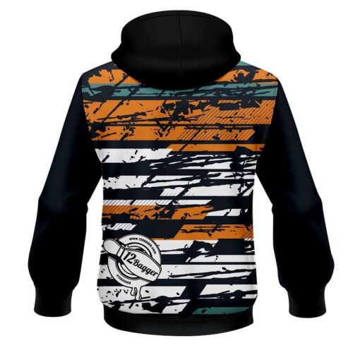 12Bagger Bowling Strikers Shattered Orange and Teal CoolWick Dye-Sub Hoodie - Image 2