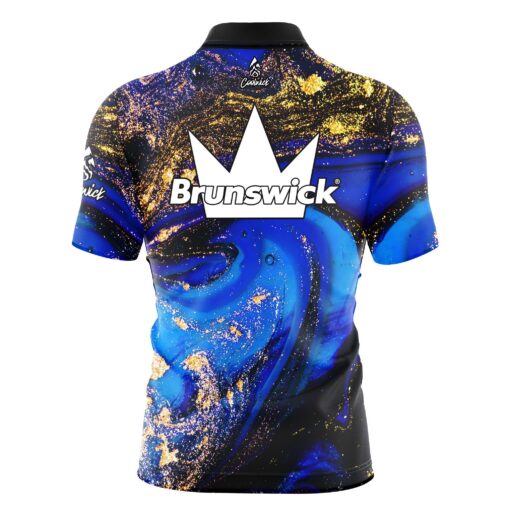 Brunswick Blue Gold Liquid Marble Quick Ship CoolWick Sash Zip Bowling Jersey - Image 2