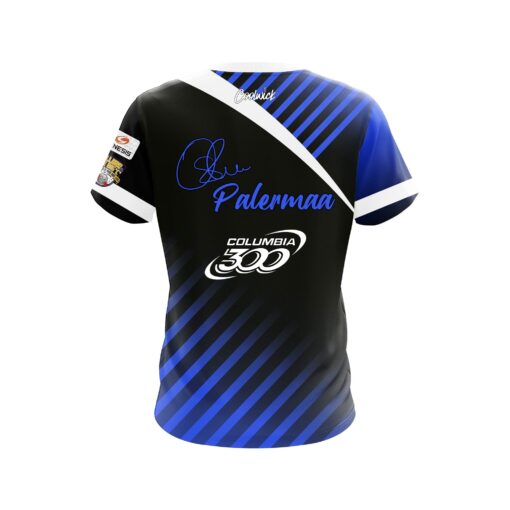 Columbia 300 Osku Palermaa Black Blue Faded Stripes CoolWick Bowling Jersey - Image 2
