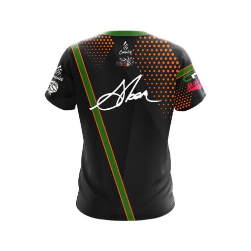 900 Global Chris Sloan Black Orange Green Strip CoolWick Bowling Jersey - Image 4