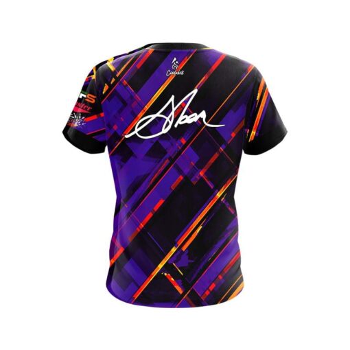 900 Global Chris Sloan Purple Orange Hatched Lines CoolWick Bowling Jersey - Image 2