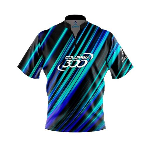 Columbia 300 Blue Green Digital Stripes Fast Track CoolWick Bowling Jersey