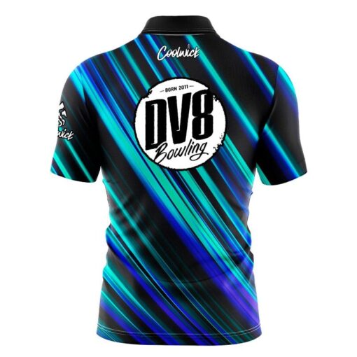 DV8 Blue Green Digital Stripes Fast Track CoolWick Bowling Jersey - Image 2