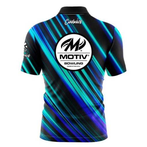 Motiv Blue Green Digital Stripes Fast Track CoolWick Bowling Jersey - Image 2