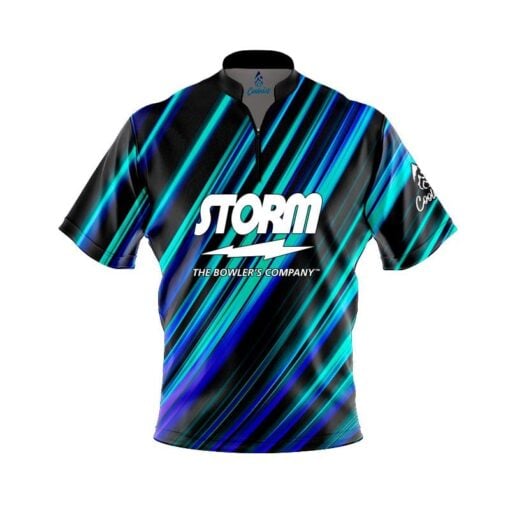 Storm Blue Green Digital Stripes Fast Track CoolWick Bowling Jersey