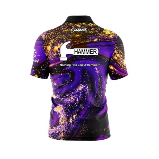 Hammer Purple Gold Liquid Marble Quick Ship CoolWick Sash Zip Bowling Jersey - Image 2