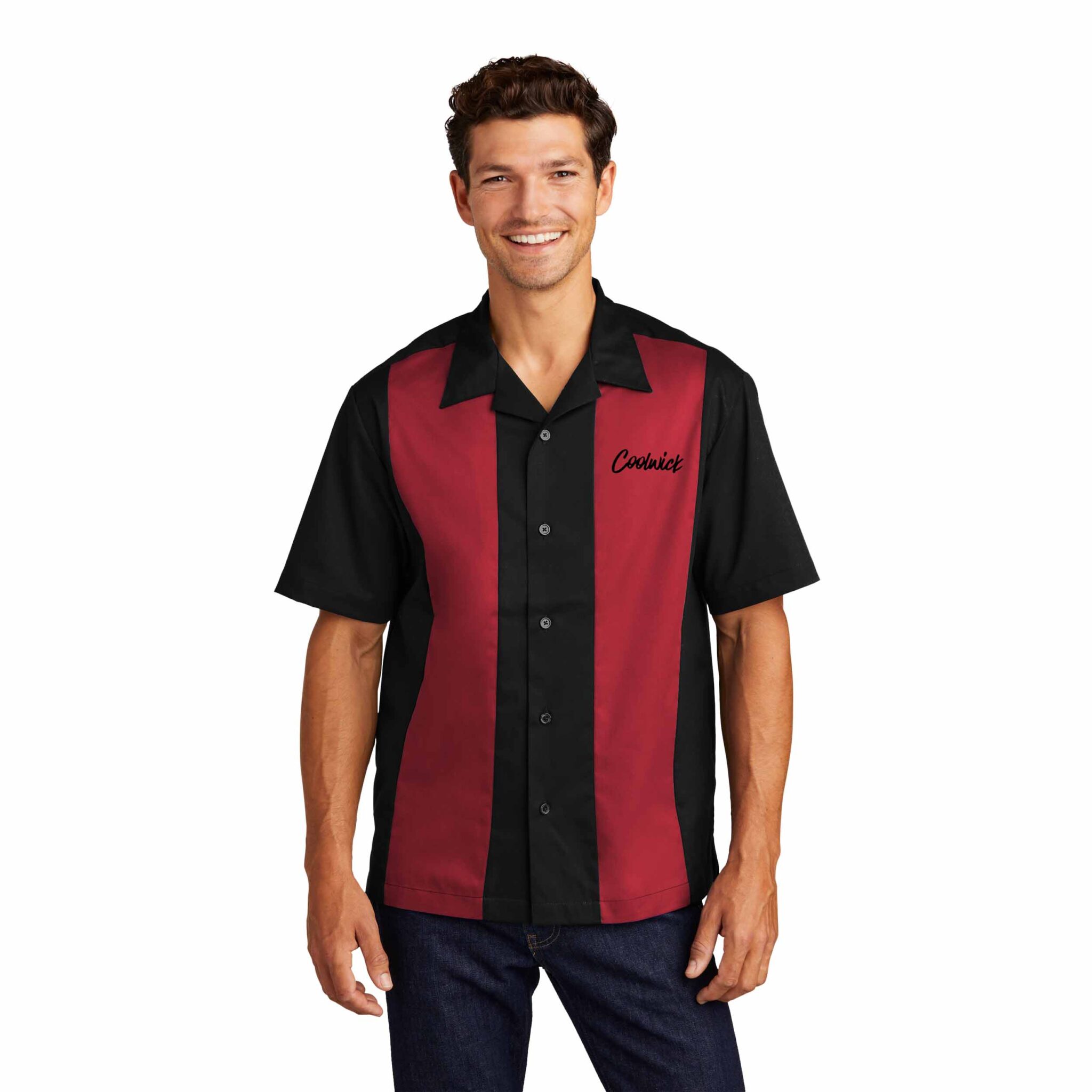 thumbnail image 2 of Retro Black/Red Rockabilly Bowling Shirt – Men's Short Sleeve Button-Up, 50s-80s Style 2 of 3