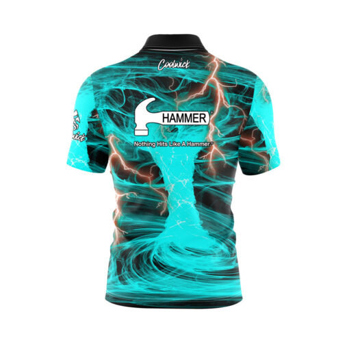 Hammer Electrical Tornado Teal Quick Ship CoolWick Sash Zip Bowling Jersey - Image 2