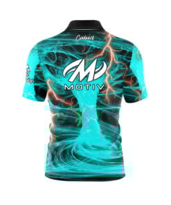 Alternative view of Motiv Electrical Tornado Teal Quick Ship CoolWick Sash Zip Bowling Jersey