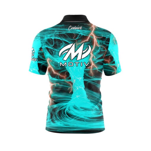 Motiv Electrical Tornado Teal Quick Ship CoolWick Sash Zip Bowling Jersey - Image 2