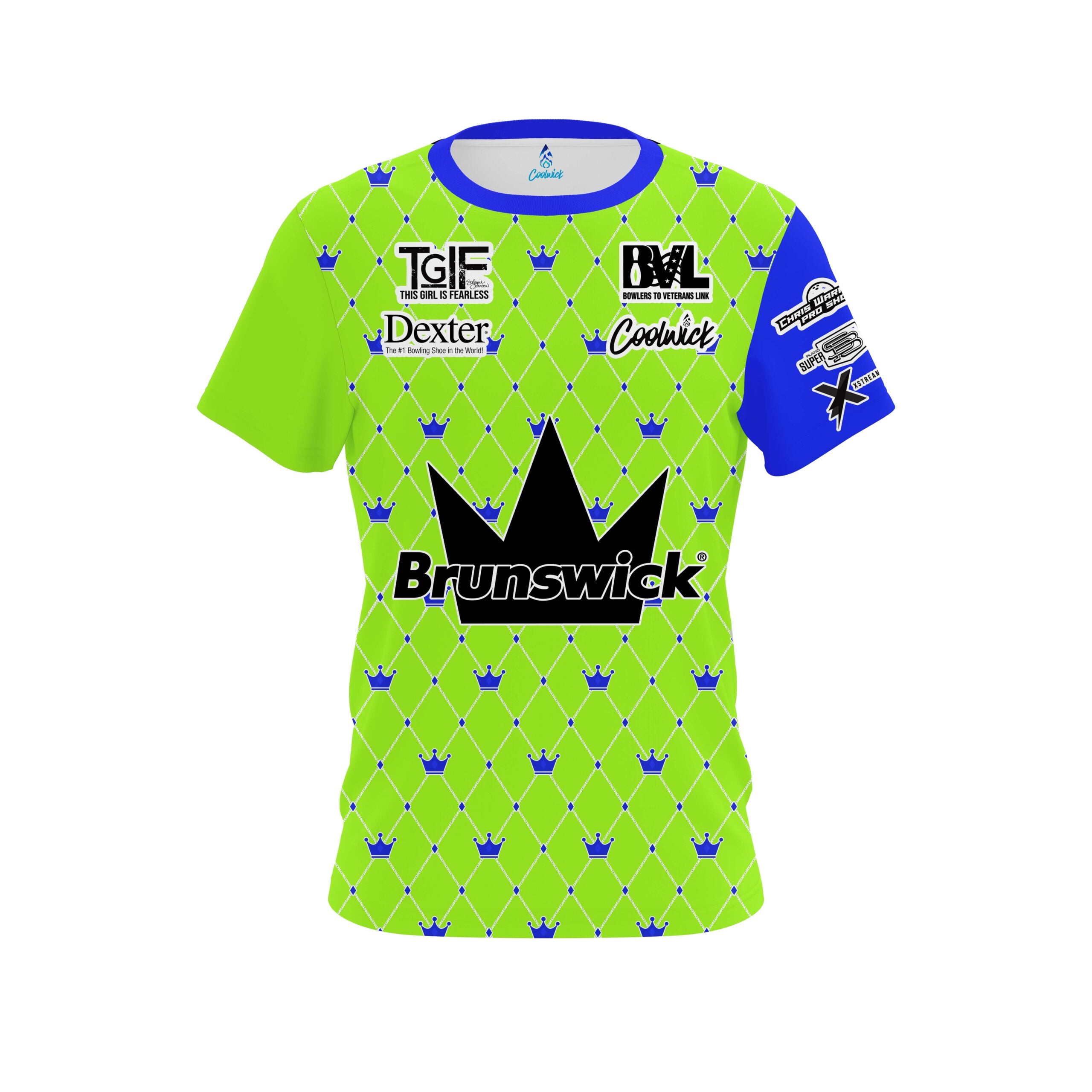 Stefanie Johnson Brunswick Lime Green Blue Crowns CoolWick Bowling Jersey