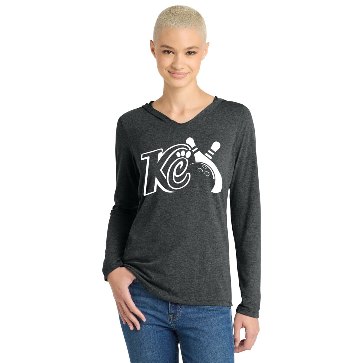 Kristina Cox Women's Tri Blend CoolWick Bowling Tee Hoodie Black Frost
