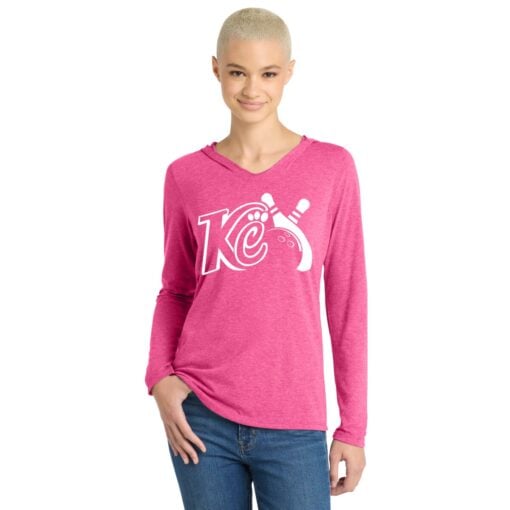 Kristina Cox Women's Tri Blend CoolWick Bowling Tee Hoodie Fuchsia Frost
